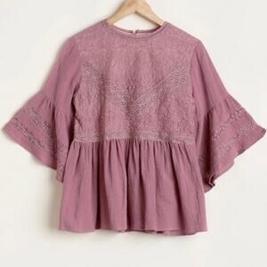 Prairie Peplum Babydoll Bell Sleeve Lace Insert Overlay Feminine Women Blouse L